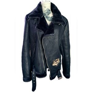 ROBERT PHILLIPE | S | Faux Fur Navy Sequin Moto Biker Asymmetrical Zip Jacket